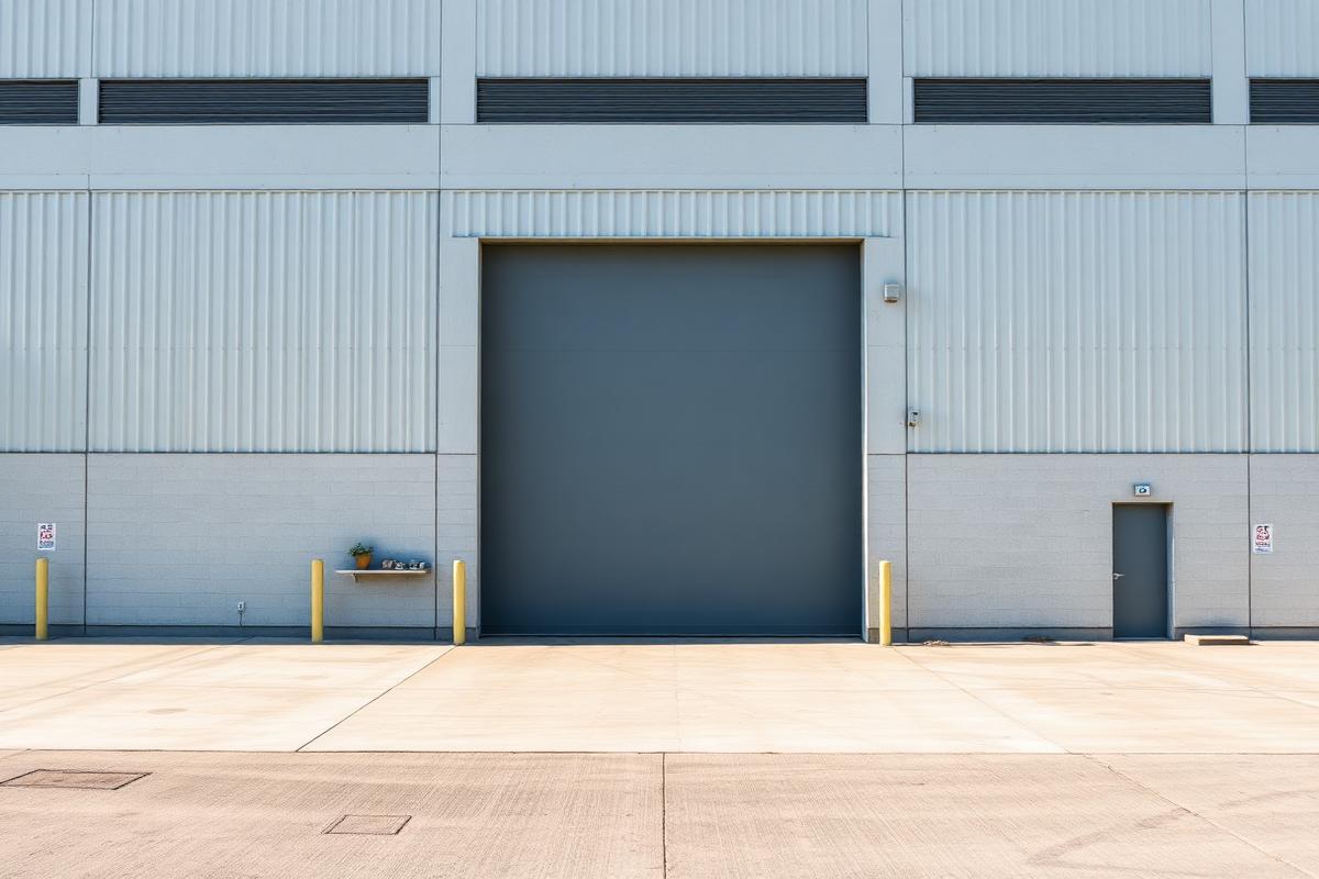 A pale industrial warehouse unit with a roller door in morning light