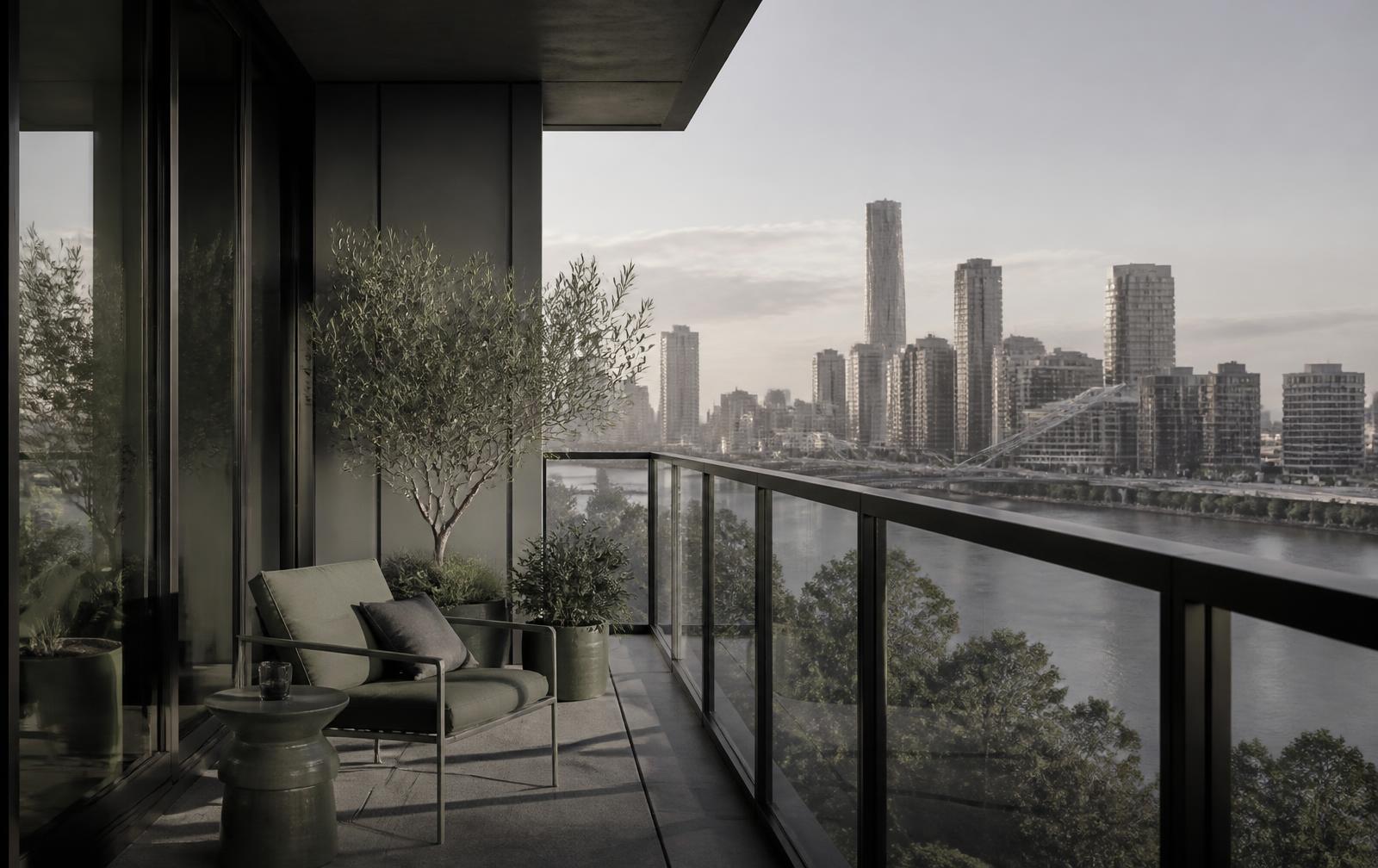 Apartment balcony overlooking the Melbourne Southbank skyline at dawn