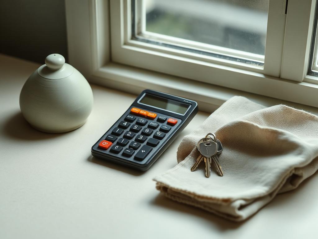 A calculator and house keys on a pale desk beside a window